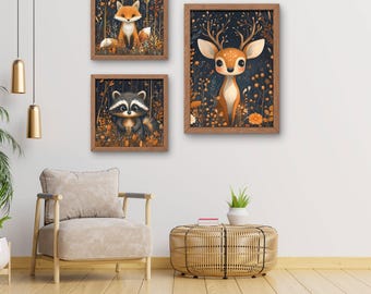 Kunstdrucke mit Waldtiermotiven fürs Kinderzimmer, 3er-Set: Boho-Kinderzimmerdeko (Digitaler Download)