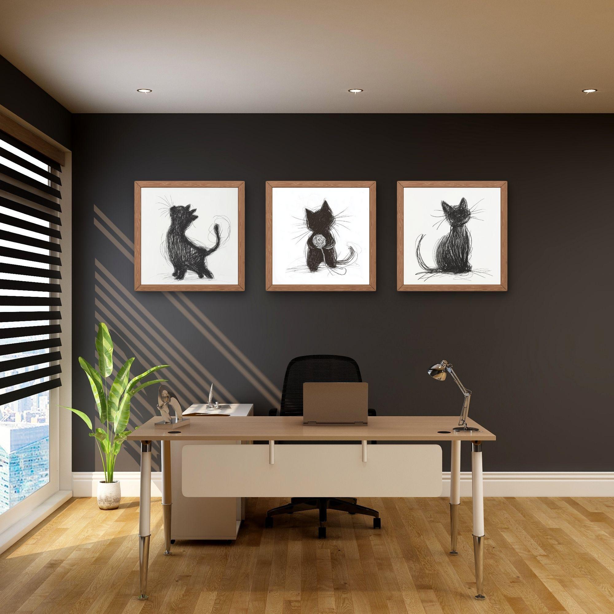 Minimalist Cat Line Art Print Set of 3: Black Sketch, Modern Home ...