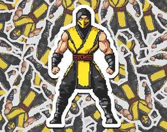 May include: A pixel art sticker of a yellow and black ninja character. The character is standing with arms outstretched and a serious expression on their face.
