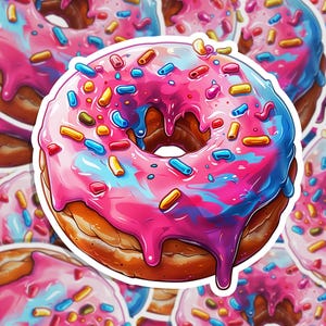 May include: A pink and blue glazed donut with colorful sprinkles. The donut has a hole in the center and is covered in a thick layer of pink and blue frosting.