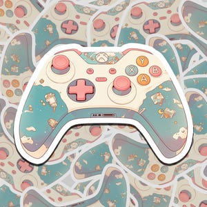 May include: A sticker featuring a stylized Xbox controller with a white base, pink buttons, and a light blue accent. The controller has a whimsical design with cartoon elements and is set against a background of similar controller stickers.