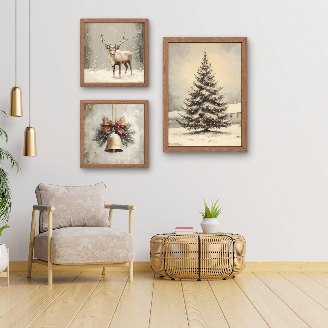 Vintage Christmas Wall Art Bundle: Cozy Winter Tree, Reindeer, Rustic ...