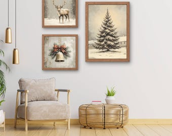 Vintage-Weihnachts-Wanddeko-Set: Gemütlicher Winterbaum, Rentier, rustikale Glocke, digitaler Download