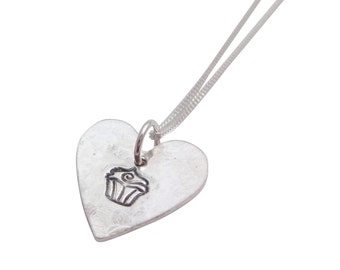 Silver Heart Necklace With Cupcake Print