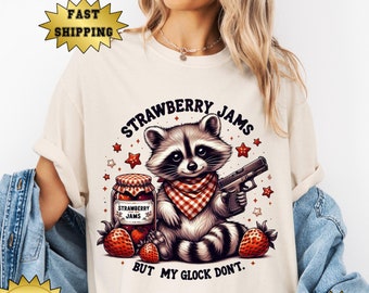 Strawberry Jams But My Glock Don't Raccoon T-Shirt, Comfort Colors, Funny Raccoon Shirt, Y2K Shirt, Funny Meme T-Shirt, Raccoon Lover Gift