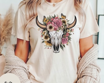 Boho Kuh-Schädel-Shirt, Country Shirt, Wild-West-Shirt, Western-Grafik-T-Shirt, Cowgirl-Shirt, Stierschädel-Shirt, Südwesten-Shirt Western-Kleidung