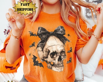 Schädel Bogen Retro Halloween Shirt, Kokette Schädel Bogen Shirt, Komfort Farben Shirt, Retro Kokette Bogen Shirt, Geschenk für Halloween, Skelett T-Shirt