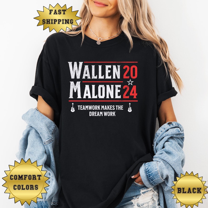 May include: Black t-shirt with white text that reads "WALLEN 20 ☆ MALONE 24" and "TEAMWORK MAKES THE DREAM WORK".
