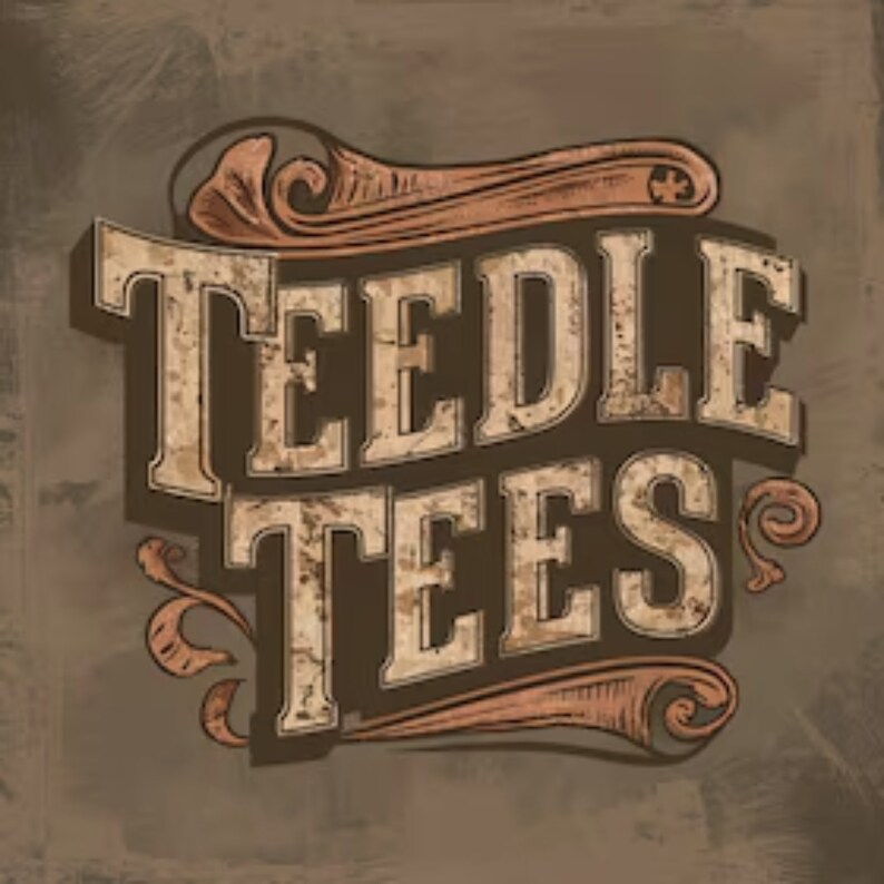 Op de afbeelding: Een logo in vintage stijl met de woorden "TEEDLE TEES" in een verweerde schreefletter. De tekst is lichtbeige met een bruine schaduw, tegen een bruine achtergrond. Decoratieve krullen omlijsten de tekst.