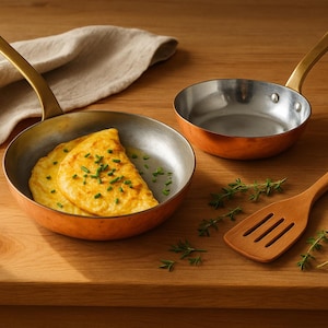 May include: Two copper-bottomed pans with brass handles, one containing an omelet garnished with chives, and a wooden spatula rest on a wooden surface. A beige linen cloth is in the background. Culinary theme.