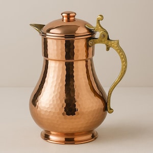 Handmade Pure Copper Water Pitcher – Artisan Turkish Copper Jug for Water, Sangria, Detox, Ayurveda – Vintage Style Kitchen Decor