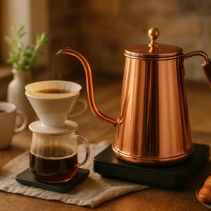 Puede incluir: Una tetera de cobre para café de vertido con mango de madera, un filtro de café de vertido de cerámica blanca, una jarra de vidrio con café y un pequeño tazón de granos de café.