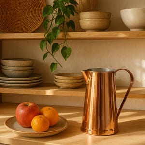 May include: A polished copper jug with a curved handle is placed on a wooden surface, alongside a plate with an apple and two oranges. Shelves above display bowls, plates, and a woven basket. A potted plant and hanging greenery add a natural touch.
