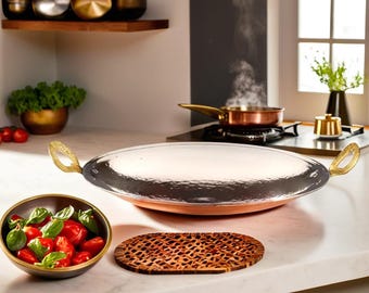 Handcrafted Copper Roasting Pan with Brass Handles – Authentic Hammered Design for Cooking and Serving
