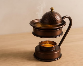 Hand-Hammered Copper Aromatherapy Oil Burner & Tealight Holder – Rustic Spa Décor - Set of Two