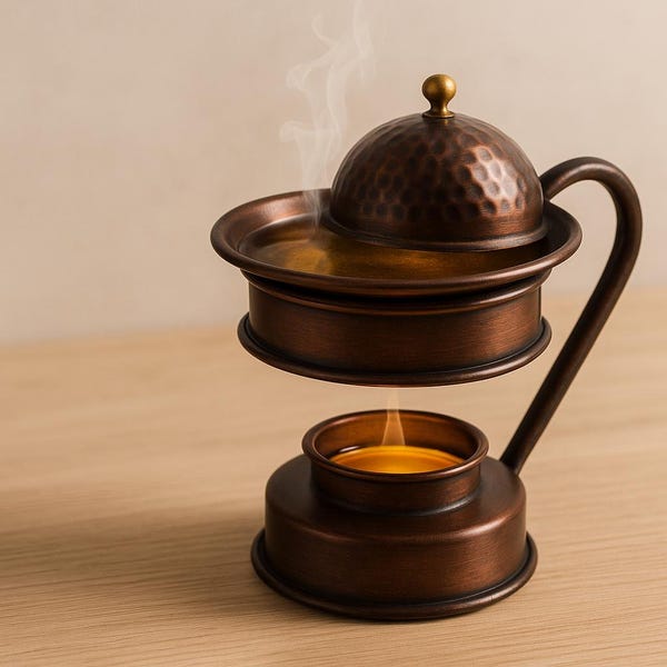 May include: A copper incense burner with a domed top and a candle holder. The burner is on a wooden surface and smoke is rising from the top.
