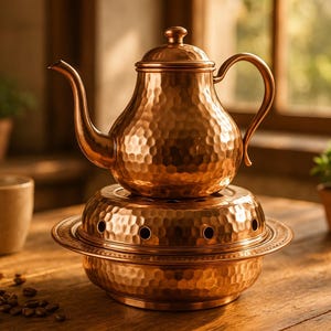 Handhamrad kopparkaffe- och tevärmare: Turkiskt mässingsställ