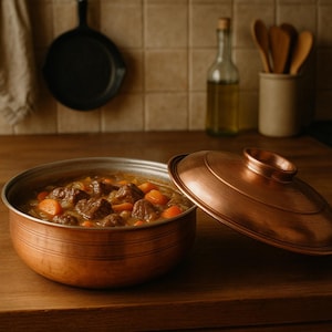 May include: A copper cooking pot filled with stew, with the lid slightly ajar. The stew contains chunks of meat and orange carrots. The pot sits on a wooden surface, with a backdrop of kitchen items, including a cast iron pan and wooden utensils.