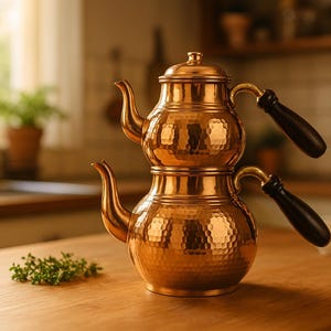 Puede incluir: Un juego de té turco tradicional con dos teteras de cobre, cada una con un acabado martillado y un mango de madera oscura. Las teteras están apiladas una encima de la otra.