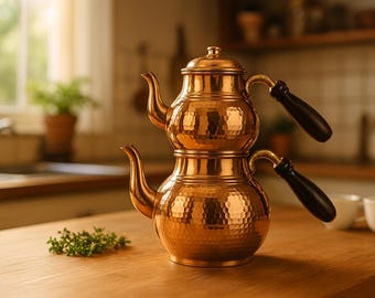 Handmade Hammered Copper Turkish Samovar: Double Teapot Kettle Set