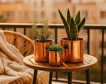 Polished Copper Planter Set – 3-Piece Herb Pots | 7.8 × 7 cm, 10.3 × 10.3 cm & 14.3 × 14.3 cm | Indoor Garden Décor