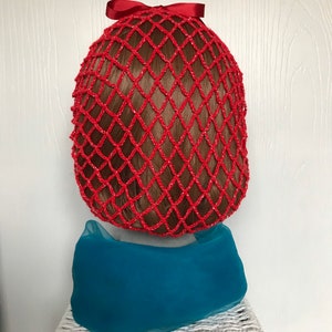 Red sparkles snood/hairnet crocheted to an original 1940s pattern 3 sizes available image 2