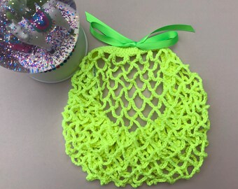 Bright/neon lime green acrylic snood/hairnet crocheted to an original 1940s pattern - 3 sizes available