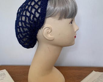 Navy and blue sparkle snood/hairnet crocheted to an original 1940s pattern - 3 sizes available