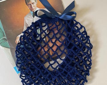 Navy and black shimmer snood/hairnet crocheted to an original 1940s pattern - 3 sizes available