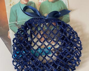 Navy and gold sparkle snood/hairnet crocheted to an original 1940s pattern - 3 sizes available