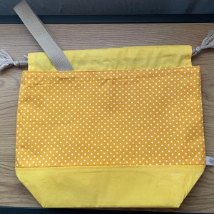 Drawstring project bag for knitting, crochet or embroidery polka dot yellow image 5