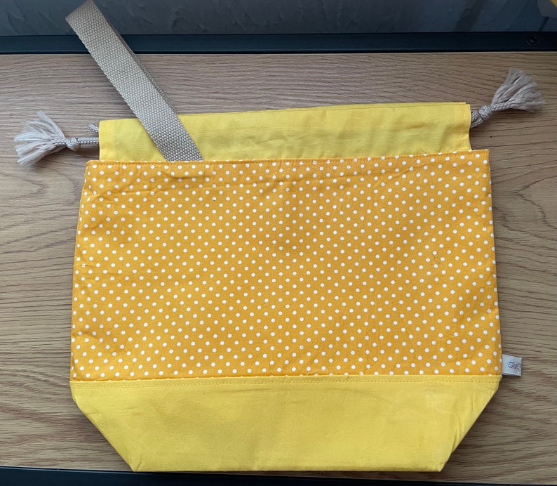 Drawstring project bag for knitting, crochet or embroidery polka dot yellow image 5