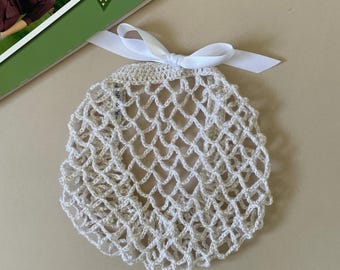 Crocheted 1940s Style Hair Snood - White with Gold Sparkle