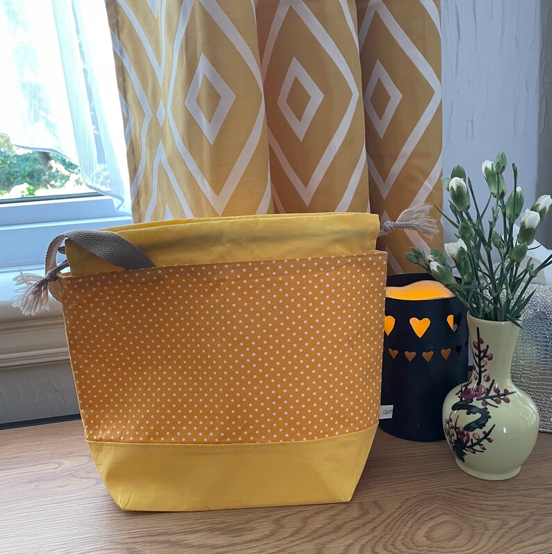 Drawstring project bag for knitting, crochet or embroidery polka dot yellow image 1