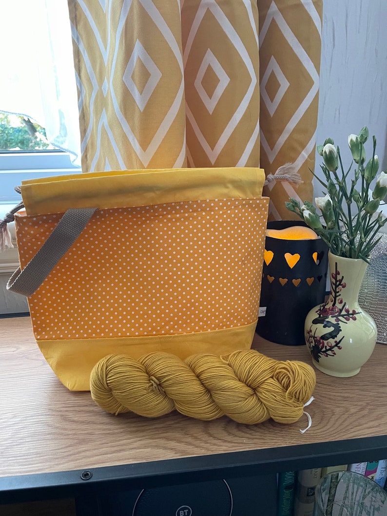 Drawstring project bag for knitting, crochet or embroidery polka dot yellow image 2