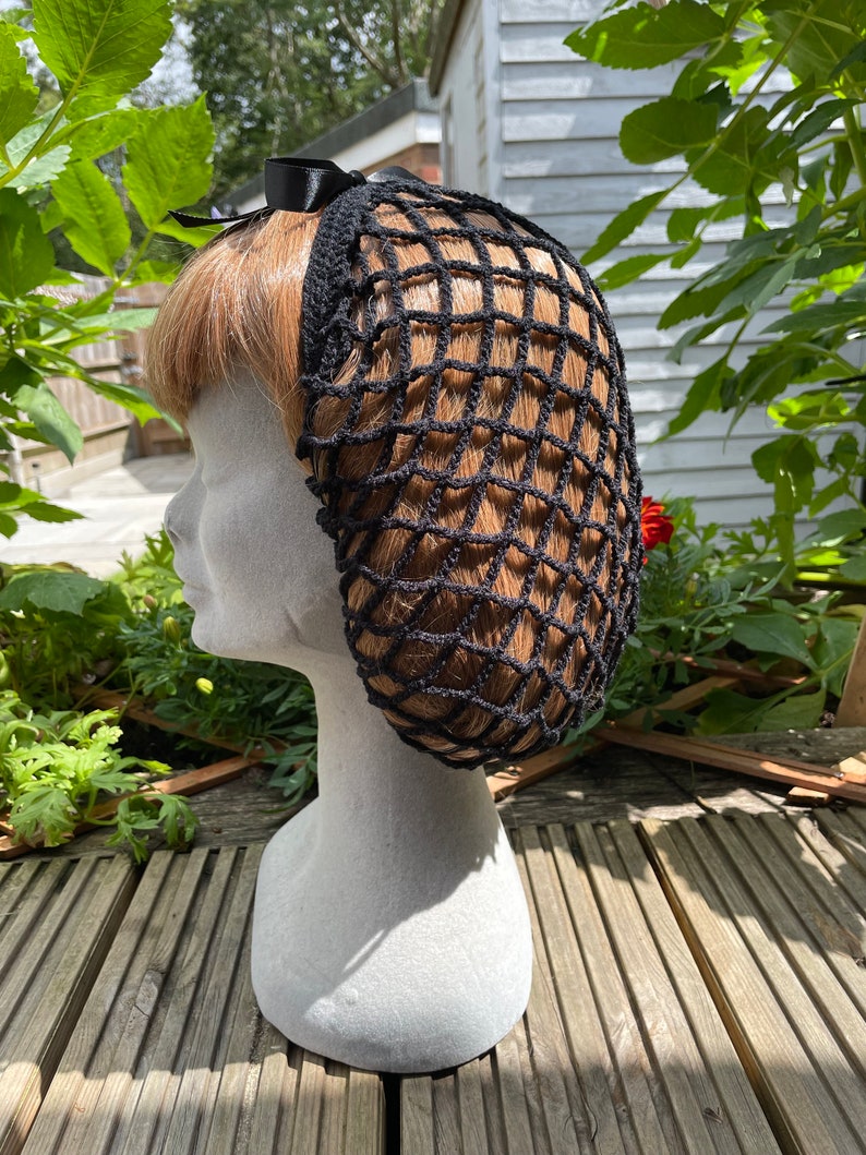 Classic black 1940s style retro ribbon snood hairnet Audrey afbeelding 2