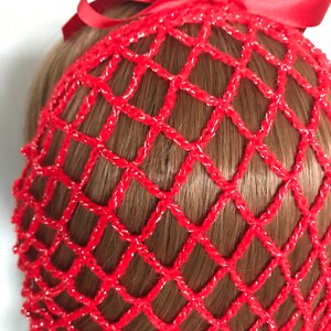 Red sparkles snood/hairnet crocheted to an original 1940s pattern 3 sizes available image 4