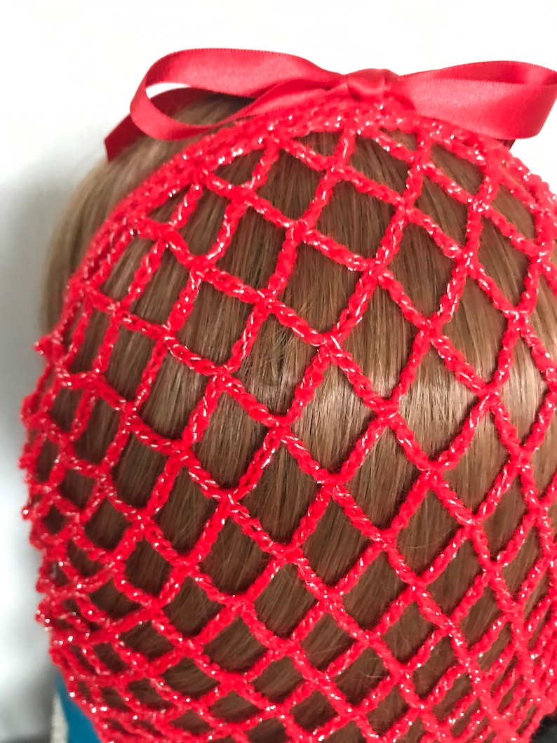 Red sparkles snood/hairnet crocheted to an original 1940s pattern 3 sizes available image 4