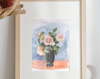 Original handmade painted watercolor art ,Wall decor,rose in vase,vintage, flowers garden,Watercolor art,600 dpi high Quality