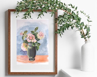 Original handgemalte Aquarellkunst, Wanddekoration, Rose in Vase, Vintage, Blumengarten, Aquarellkunst, 600 dpi hohe Qualität