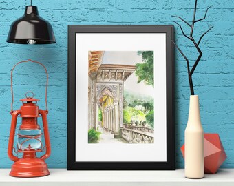 Original hand painted watercolor art,Wall decor,handmade,Watercolor art, Temple, 400 Dpi High Quality