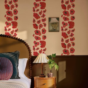Pomodori vintage disegnati in modo giocoso a strisce, pomodori rossi con bianco sporco, carta da parati, buccia e bastone, colorazione personalizzabile, installazione semplice.