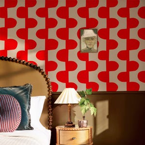 Carta da parati vintage a strisce rosse e bianco sporco, staccabile e attaccabile, colorazione personalizzabile, facile da installare.