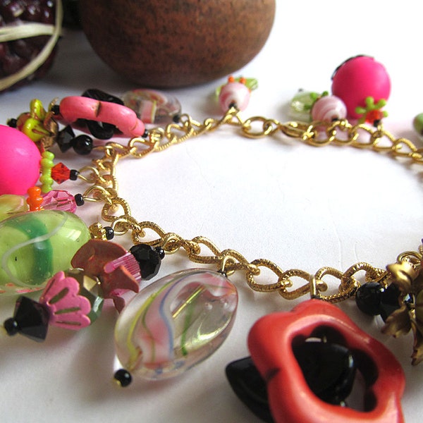 Hot Pink Lime Green Charm Bracelet, Funky Jewelry, Cha cha Bracelet, Neon Bracelet, Retro Jewelry, moonlilydesigns, Artisan Jewelry, Bright