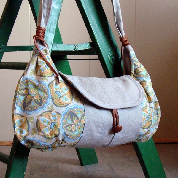 Lotus, Linen and Leather Bag - One-of-a-kind