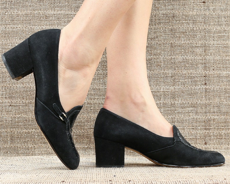 Us 8 Black Office Shoes Suede Pumps 80s Comfortable Fit Etsy