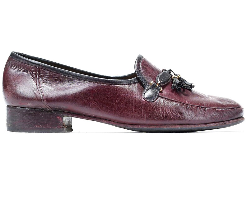 US women 10 Tassel Loafers Leather 80s Burgundy Brown Vintage Loafers Flexible Sole Casual Retro Footwear Everyday Flats Eur 41 Uk 7.5
