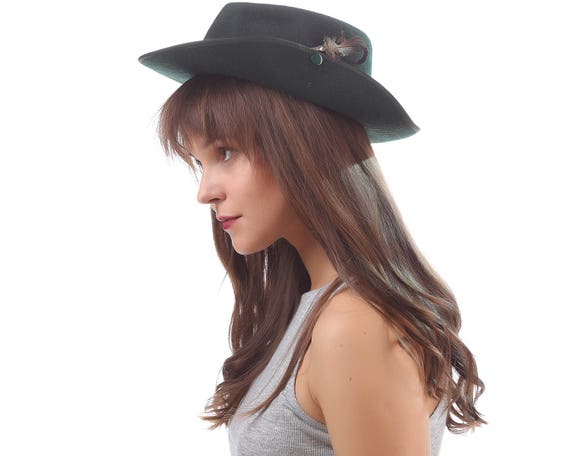 Green Wool Fedora Hat 70s Wool Felt Hat Pin Feathe