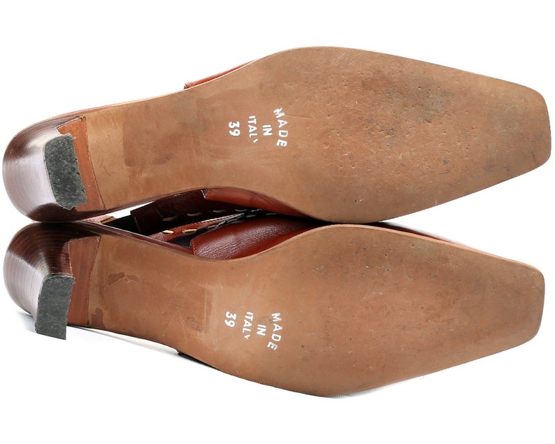 Eur 39 Uk 6 US size 8.5 Brown Italian Mules Sandals 90s Slingback Heels Leather Mules Shoes Made in Italy Footwear Slide On Heels