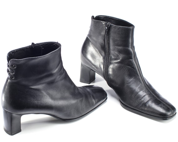 US 7.5 Black Leather Ankle Boots 90s Side Zipper Vintagr | Etsy